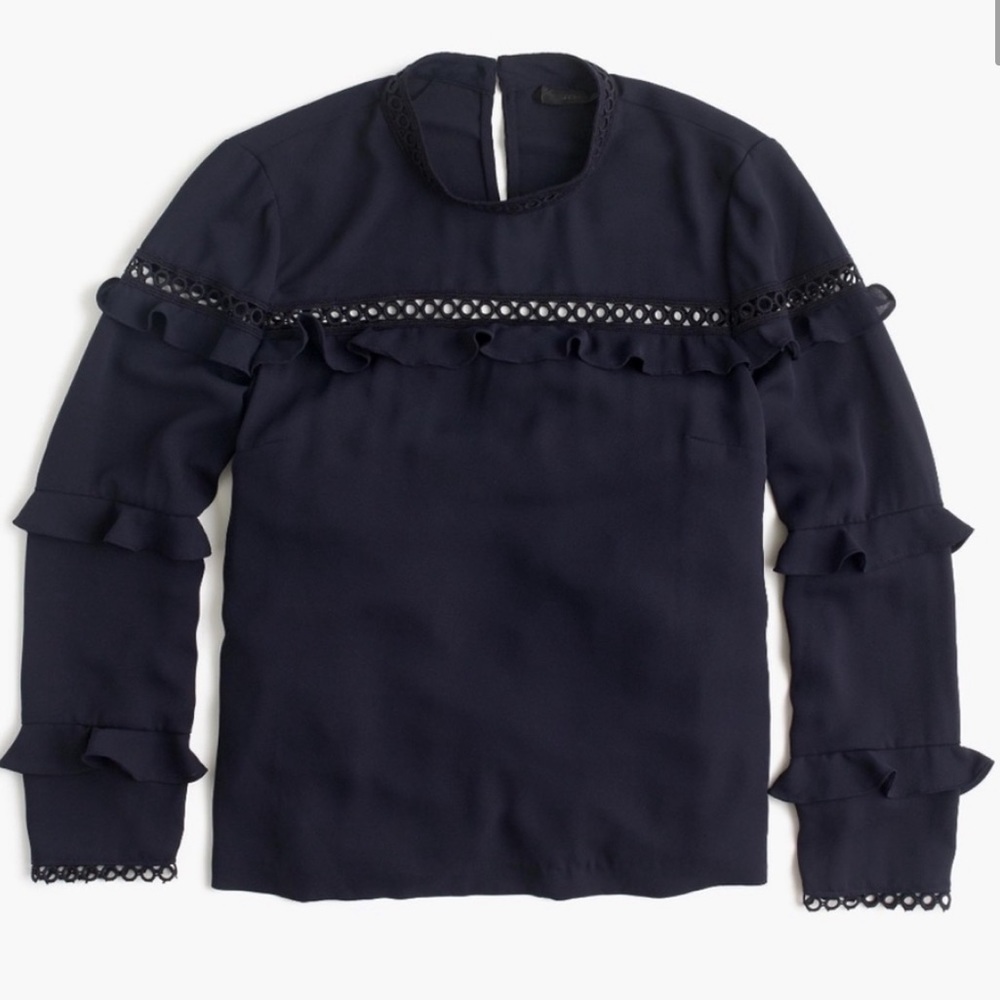 Navy blouse tiered ruffle top scallop trim formal work